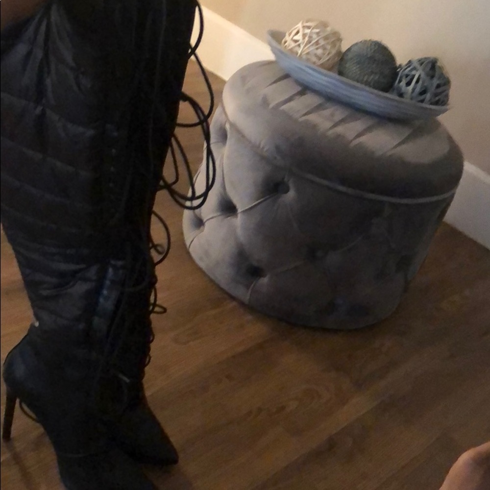 Puffy/Leather Black Thigh High Lace Up Boot Size:8